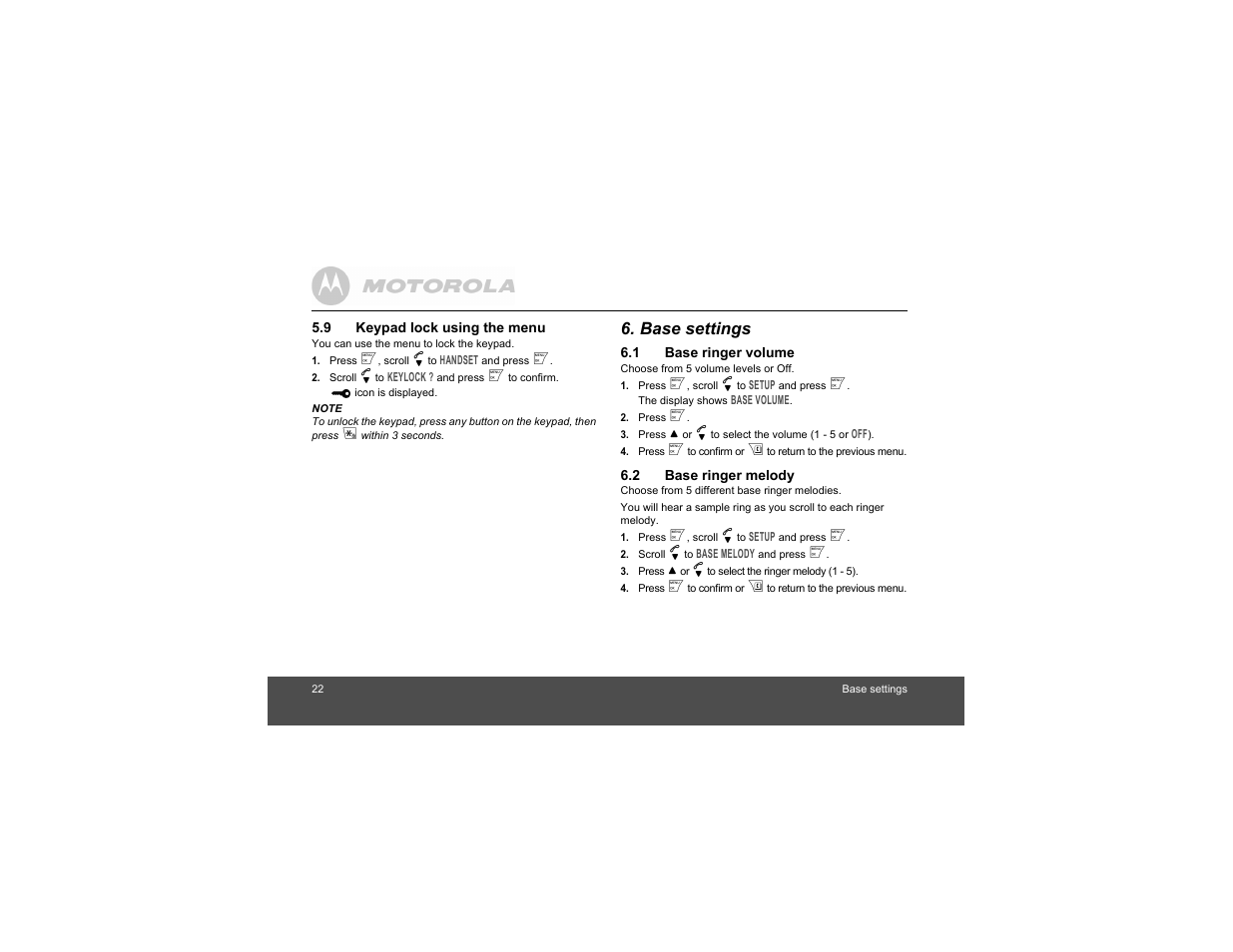 9 keypad lock using the menu, Base settings, 1 base ringer volume | 2 base ringer melody, Keypad lock using the menu, Base ringer volume, Base ringer melody | Motorola S1201 User Manual | Page 22 / 39