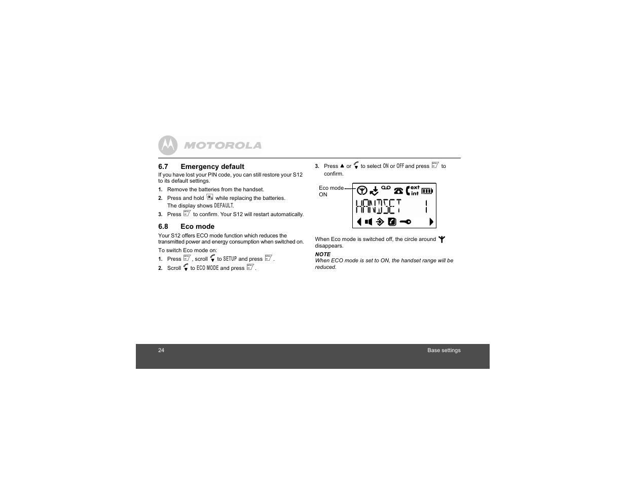 7 emergency default, 8 eco mode, Emergency default | Eco mode | Motorola S1201 User Manual | Page 24 / 39