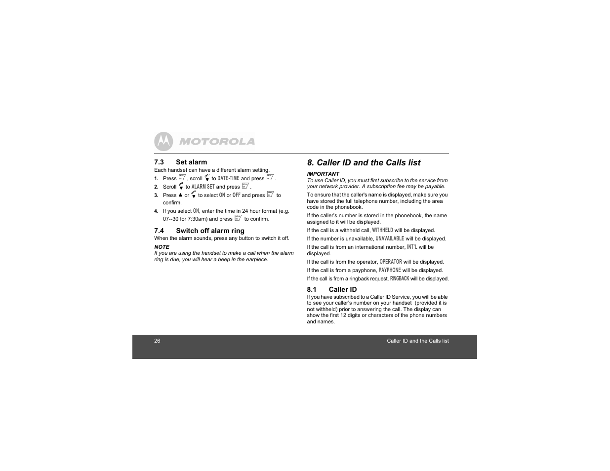 3 set alarm, 4 switch off alarm ring, Caller id and the calls list | 1 caller id, Set alarm, Switch off alarm ring, Caller id | Motorola S1201 User Manual | Page 26 / 39