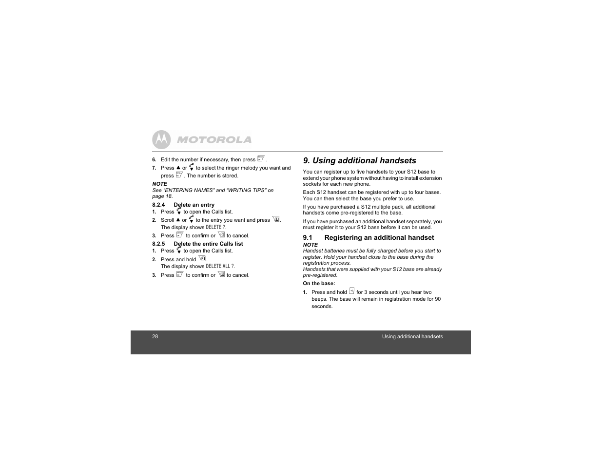 4 delete an entry, 5 delete the entire calls list, Using additional handsets | 1 registering an additional handset, Registering an additional handset | Motorola S1201 User Manual | Page 28 / 39