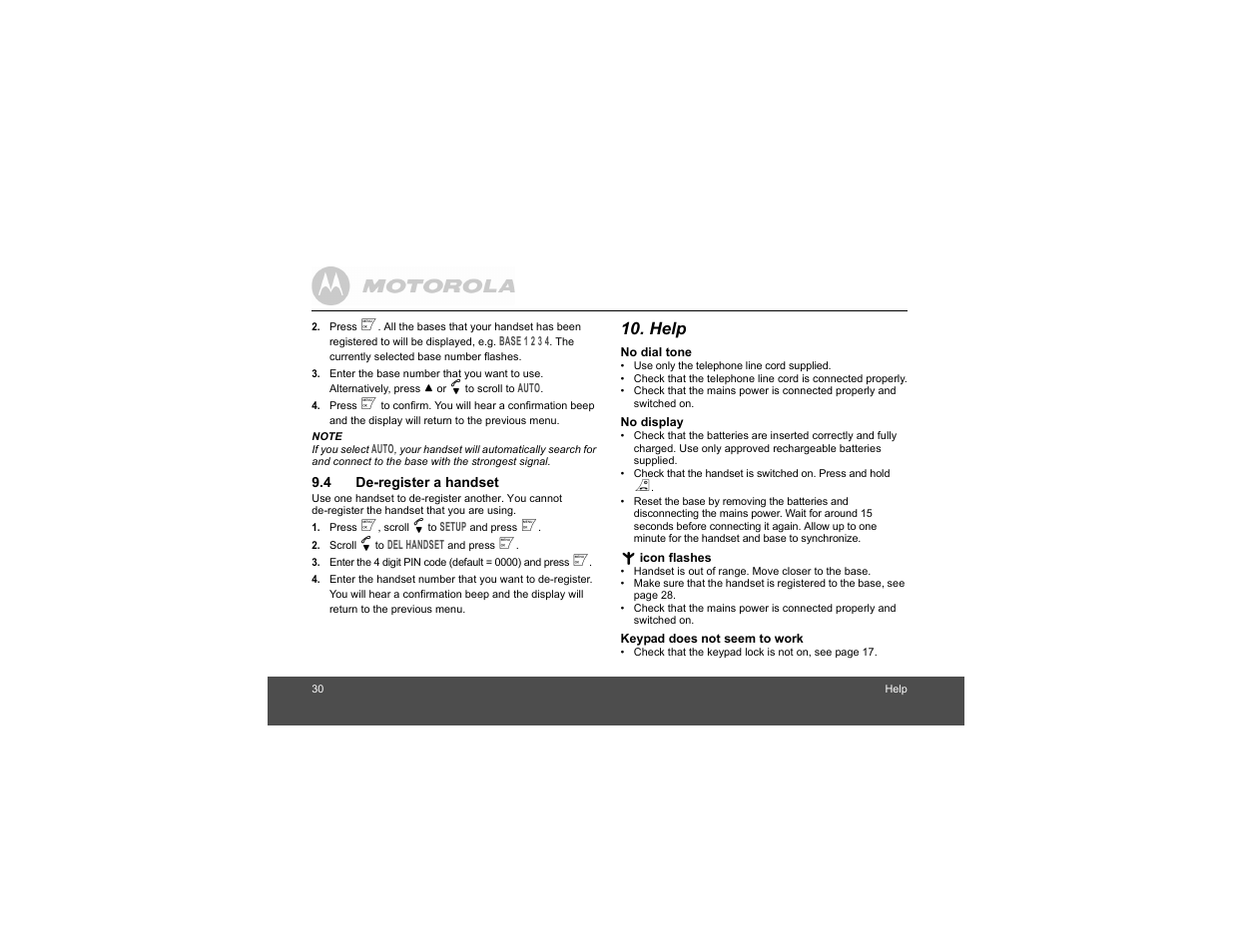 4 de-register a handset, Help, De-register a handset | Motorola S1201 User Manual | Page 30 / 39