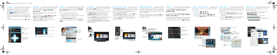 Contacts, Messages, Updates | Connections, Entertainment centre, Webtop application, Wireless, Photos, videos & music, Web & maps, Want more | Motorola MB860 User Manual | Page 2 / 2