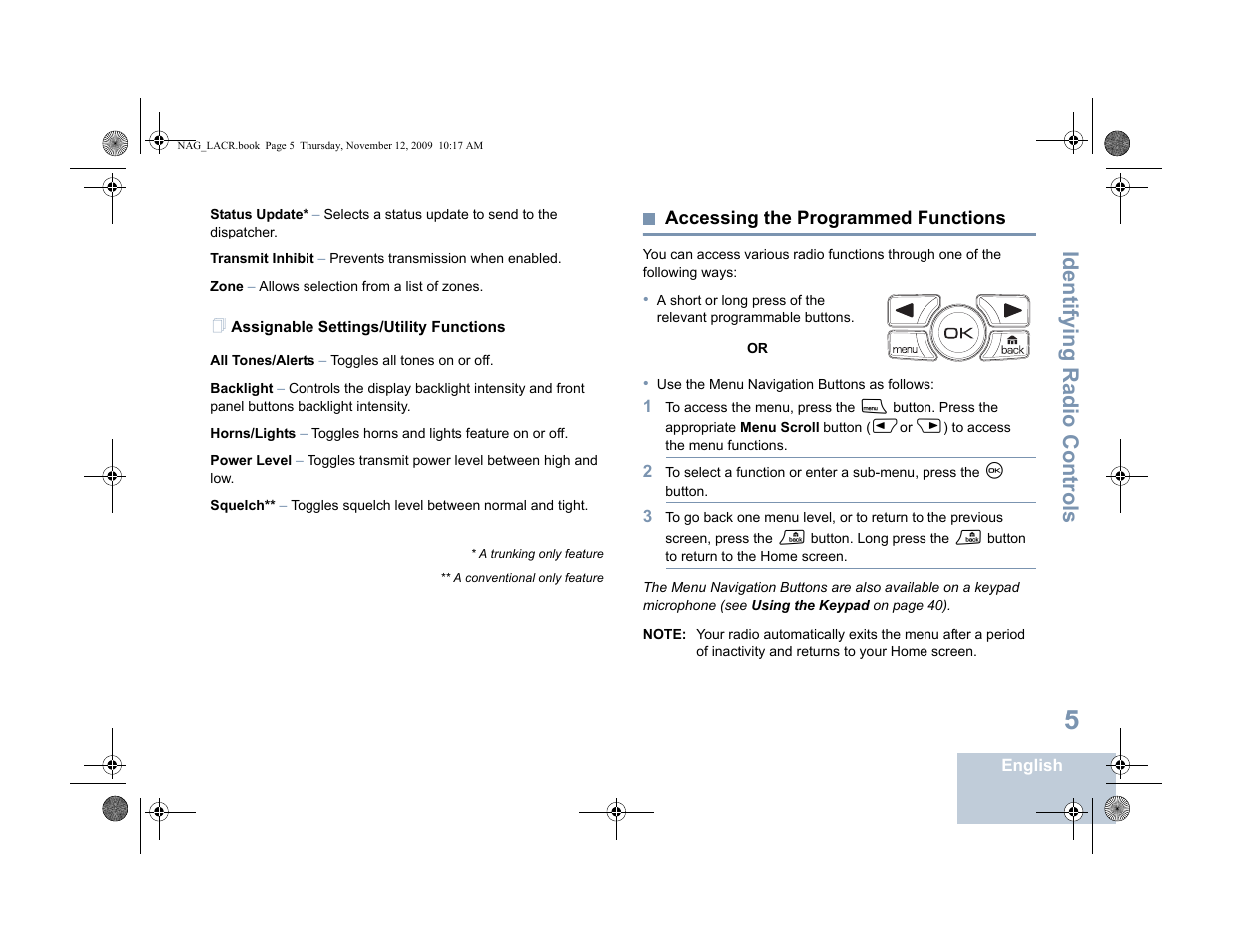 Assignable settings/utility functions, Accessing the programmed functions, Identifying radio controls | Motorola MOTOTRBO XPR 4580 User Manual | Page 15 / 60