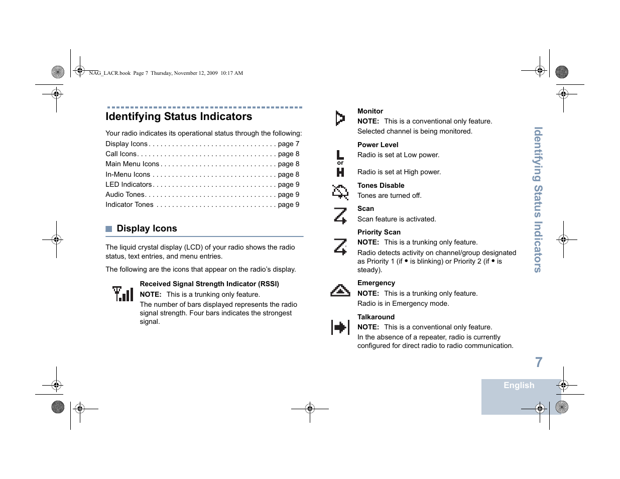 Identifying status indicators, Display icons, Identifying s tatus indicators | Motorola MOTOTRBO XPR 4580 User Manual | Page 17 / 60