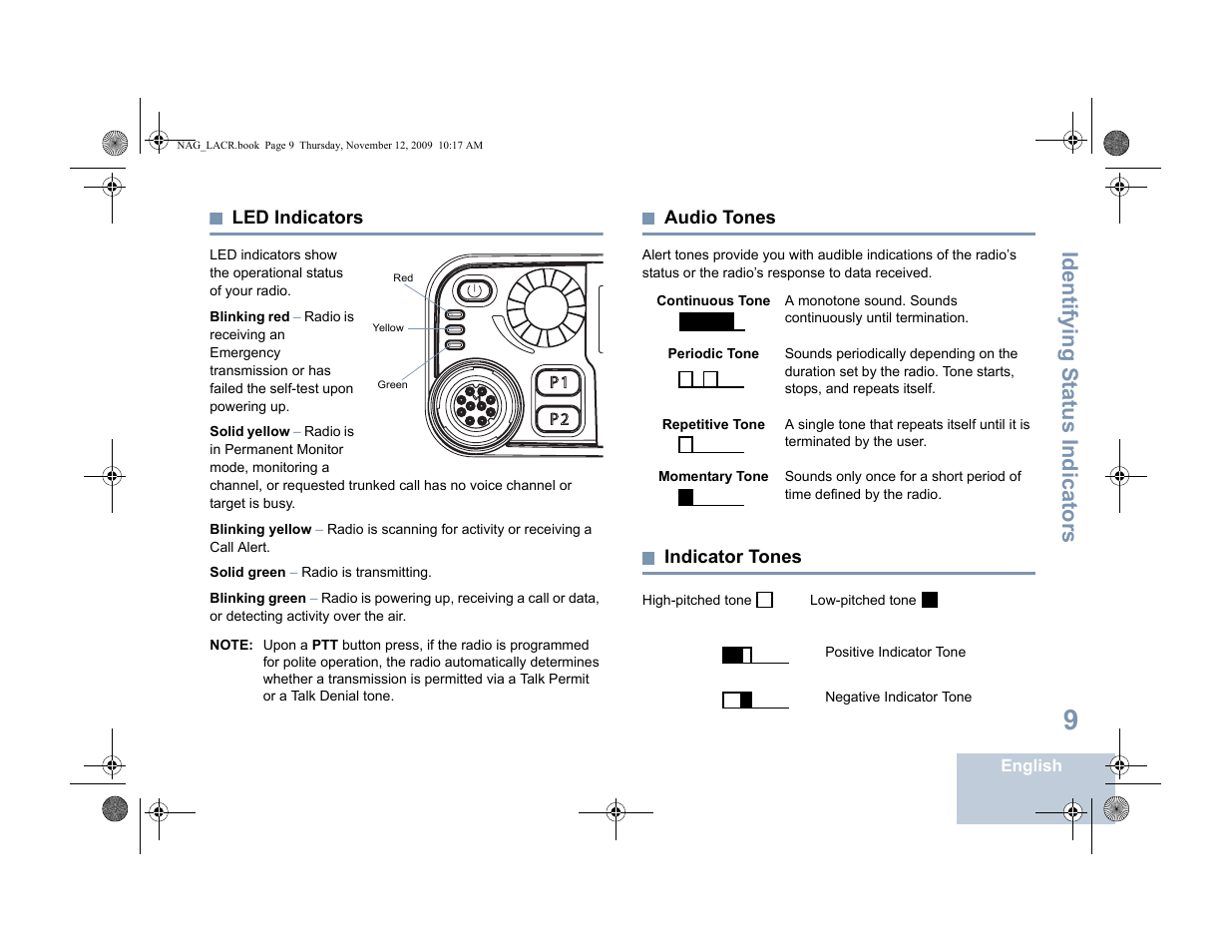 Led indicators, Audio tones, Indicator tones | Led indicators audio tones indicator tones, Identifying s tatus indicators | Motorola MOTOTRBO XPR 4580 User Manual | Page 19 / 60