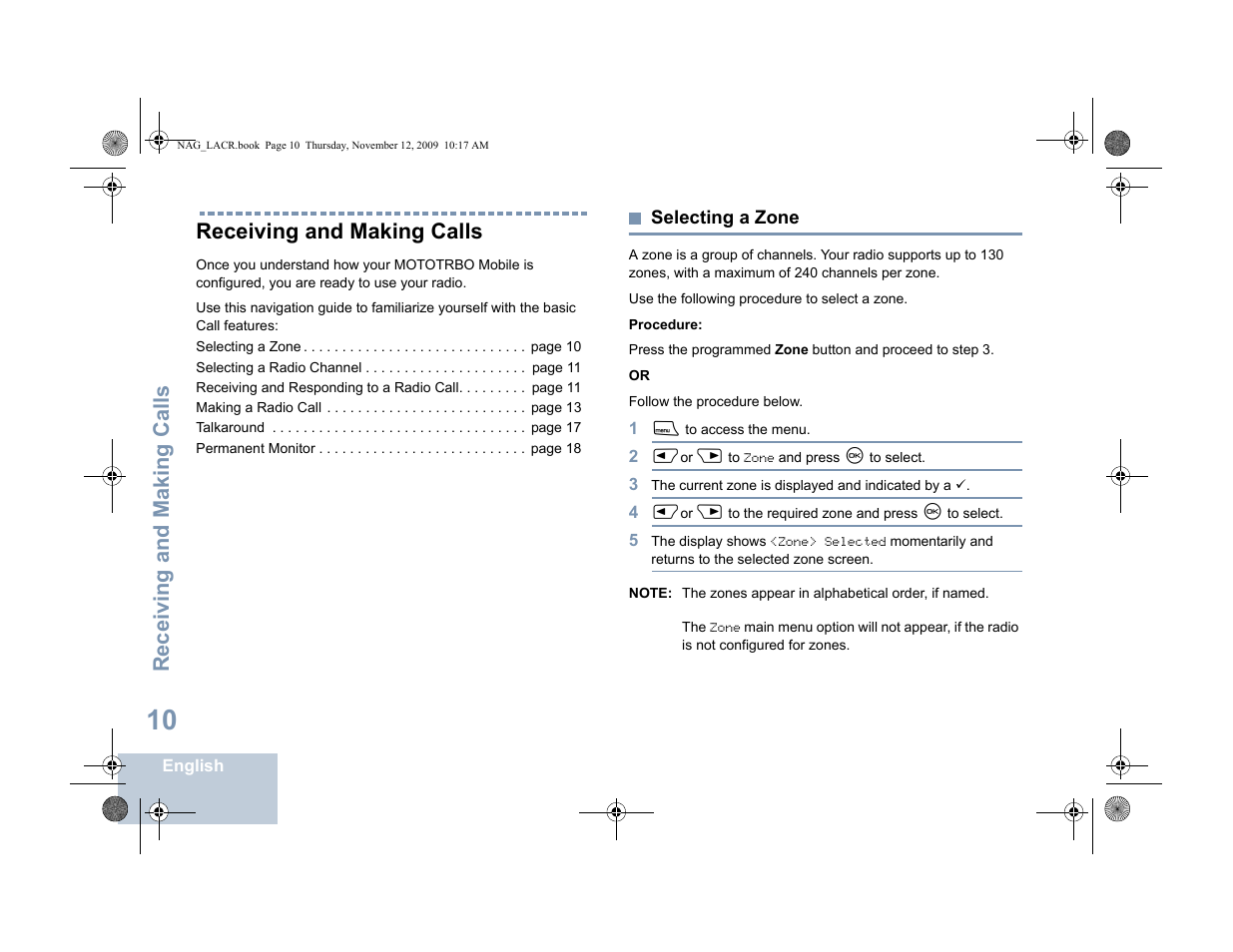 Receiving and making calls, Selecting a zone | Motorola MOTOTRBO XPR 4580 User Manual | Page 20 / 60