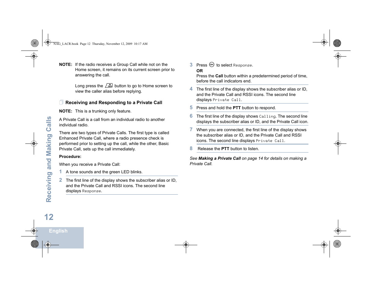 Receiving and responding to a private call, Receiving and making calls | Motorola MOTOTRBO XPR 4580 User Manual | Page 22 / 60