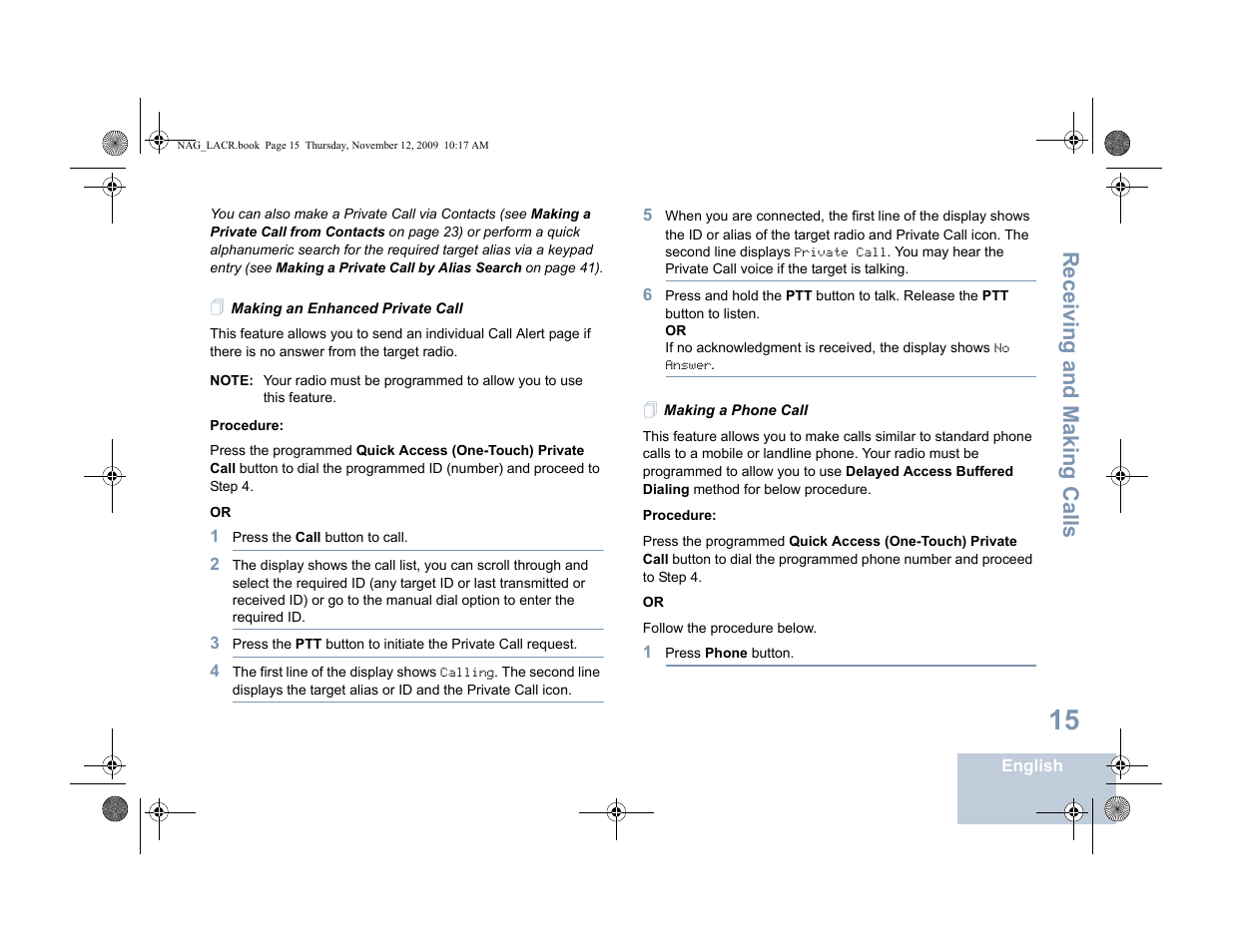 Making an enhanced private call, Making a phone call, Receiving and making calls | Motorola MOTOTRBO XPR 4580 User Manual | Page 25 / 60