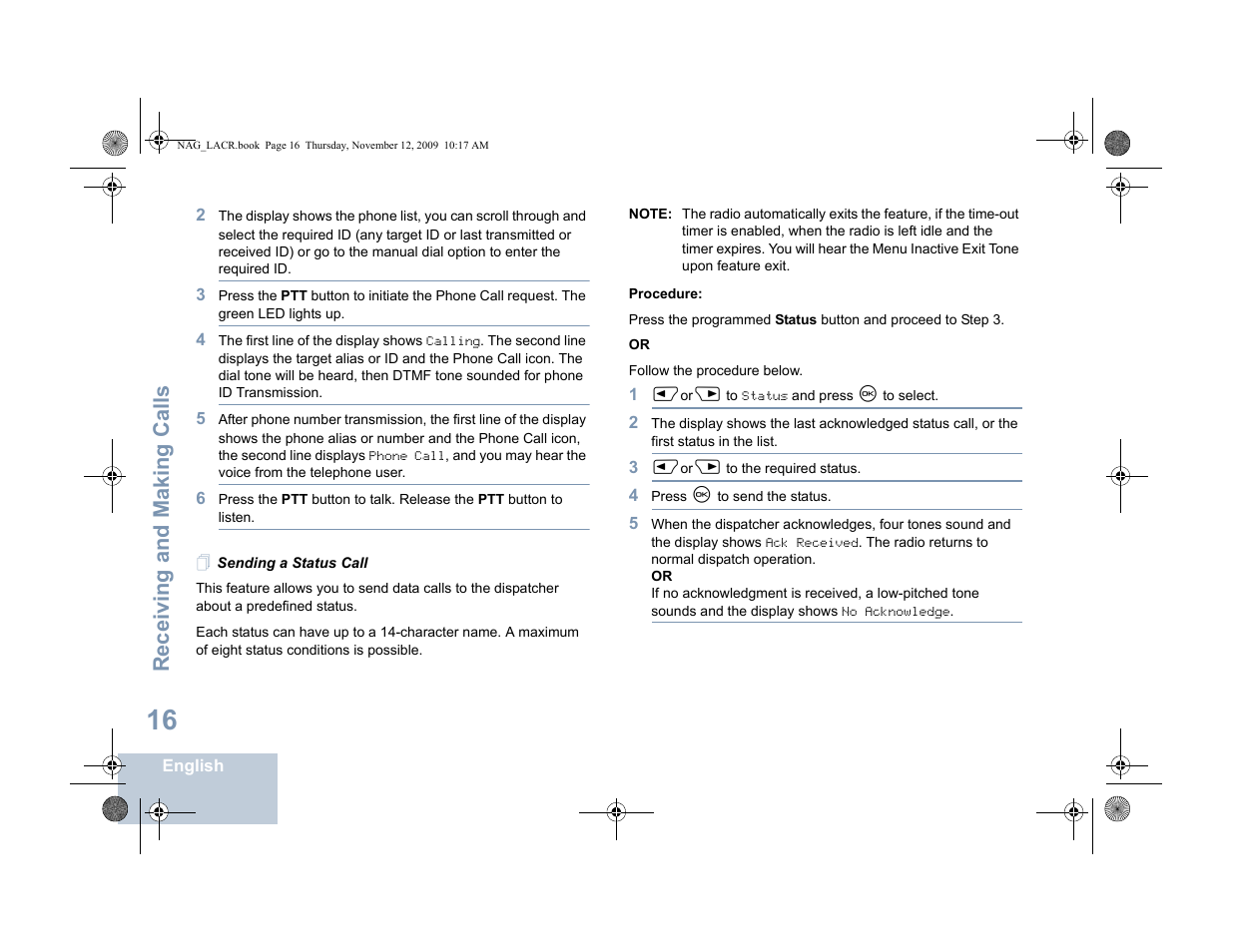 Sending a status call, Receiving and making calls | Motorola MOTOTRBO XPR 4580 User Manual | Page 26 / 60