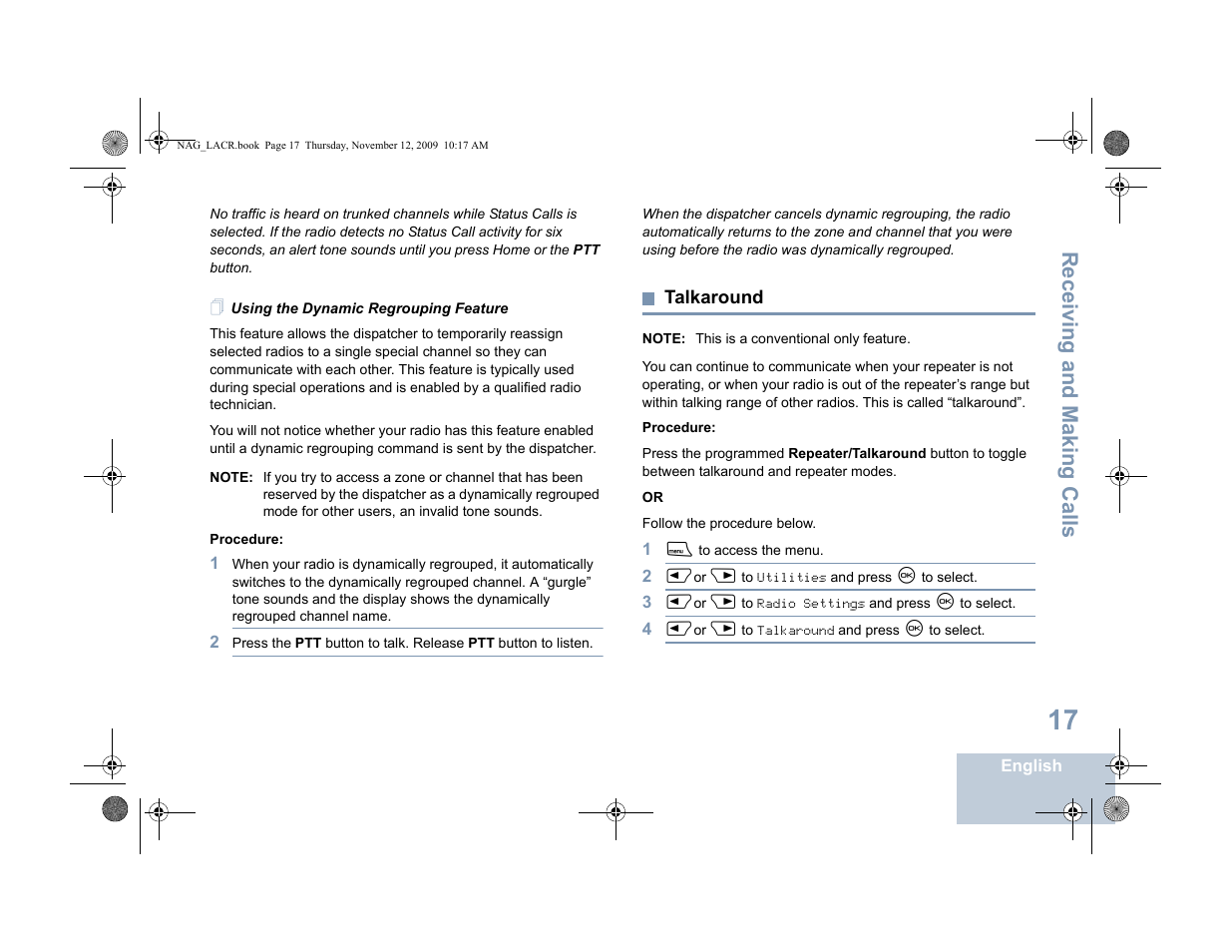 Using the dynamic regrouping feature, Talkaround, Receiving and making calls | Motorola MOTOTRBO XPR 4580 User Manual | Page 27 / 60
