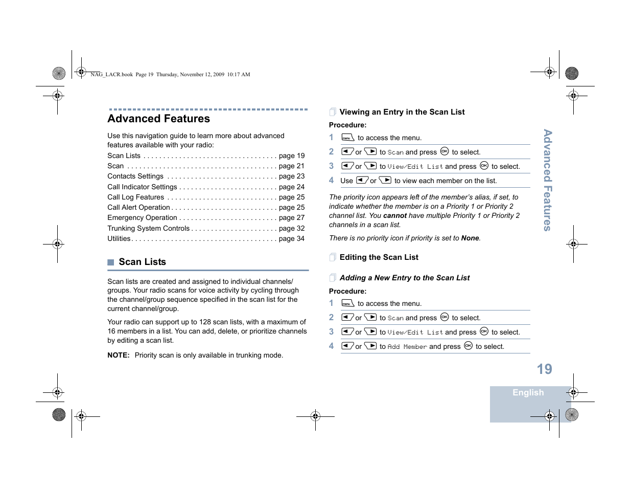 Advanced features, Scan lists, Viewing an entry in the scan list | Editing the scan list, Adding a new entry to the scan list | Motorola MOTOTRBO XPR 4580 User Manual | Page 29 / 60
