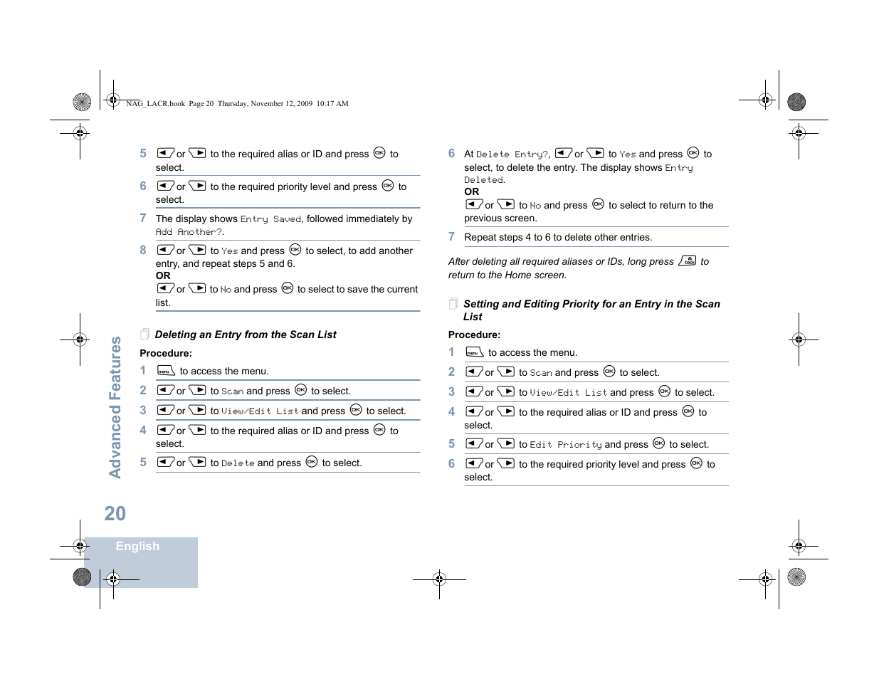 Deleting an entry from the scan list, Advanced features | Motorola MOTOTRBO XPR 4580 User Manual | Page 30 / 60