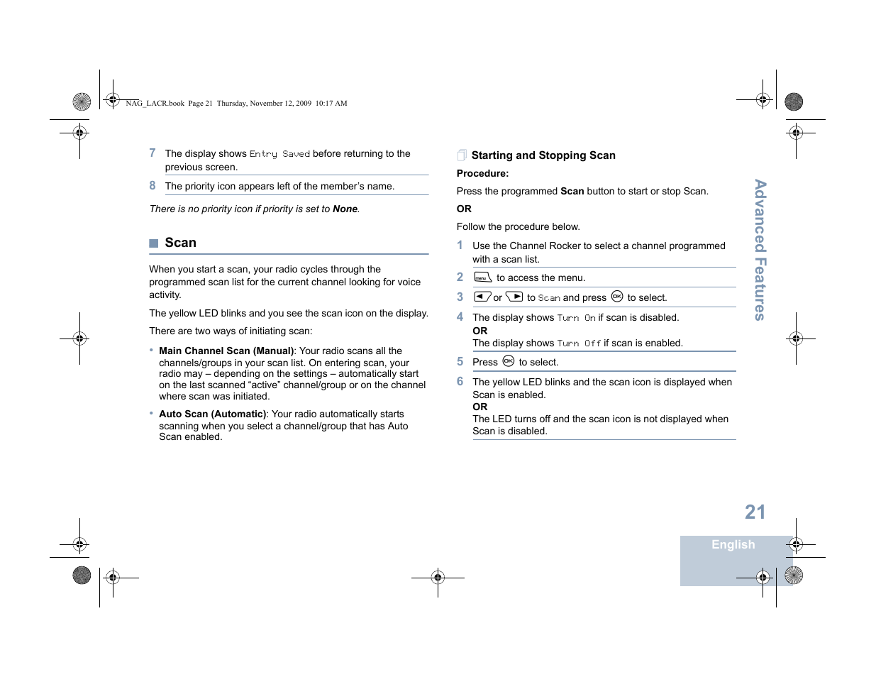 Scan, Starting and stopping scan, Advanced features | Motorola MOTOTRBO XPR 4580 User Manual | Page 31 / 60