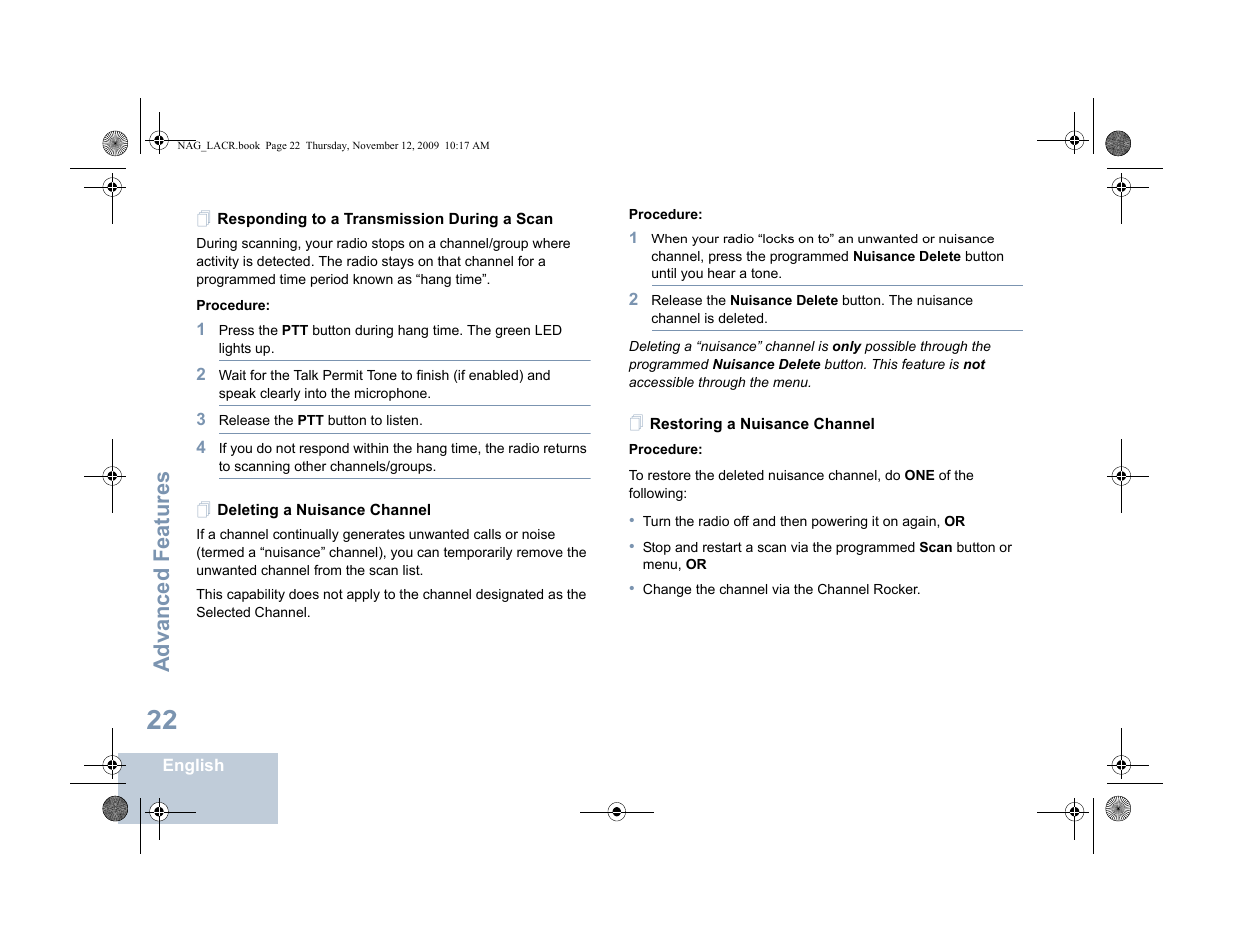 Responding to a transmission during a scan, Deleting a nuisance channel, Restoring a nuisance channel | Advanced features | Motorola MOTOTRBO XPR 4580 User Manual | Page 32 / 60