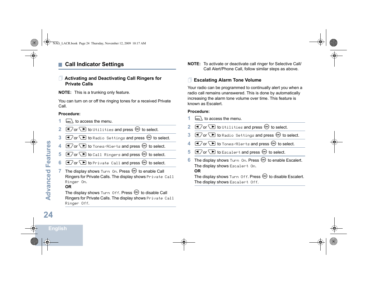 Call indicator settings, Escalating alarm tone volume, Advanced features | Motorola MOTOTRBO XPR 4580 User Manual | Page 34 / 60