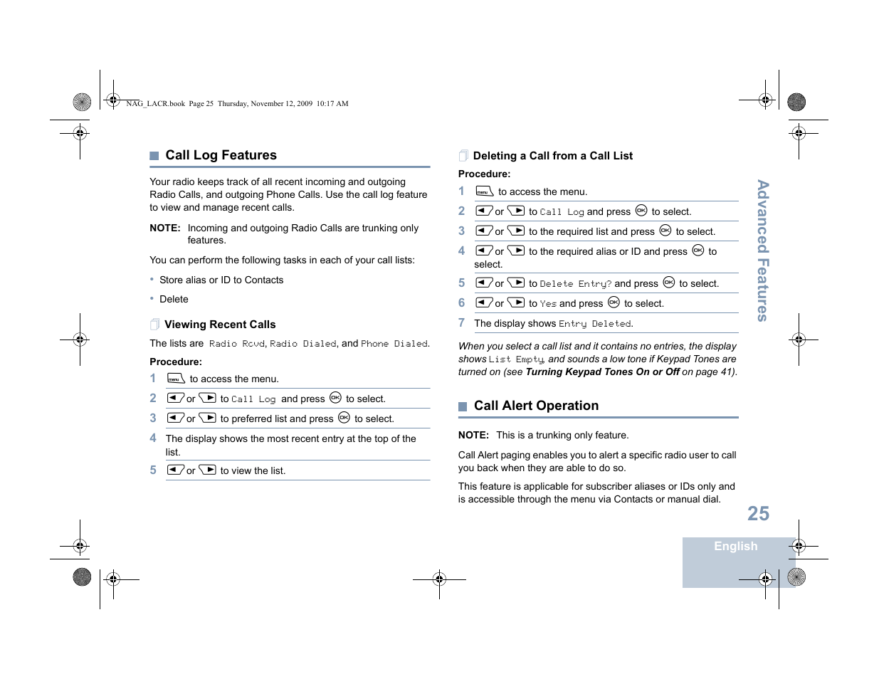 Call log features, Viewing recent calls, Deleting a call from a call list | Call alert operation, Advanced features | Motorola MOTOTRBO XPR 4580 User Manual | Page 35 / 60