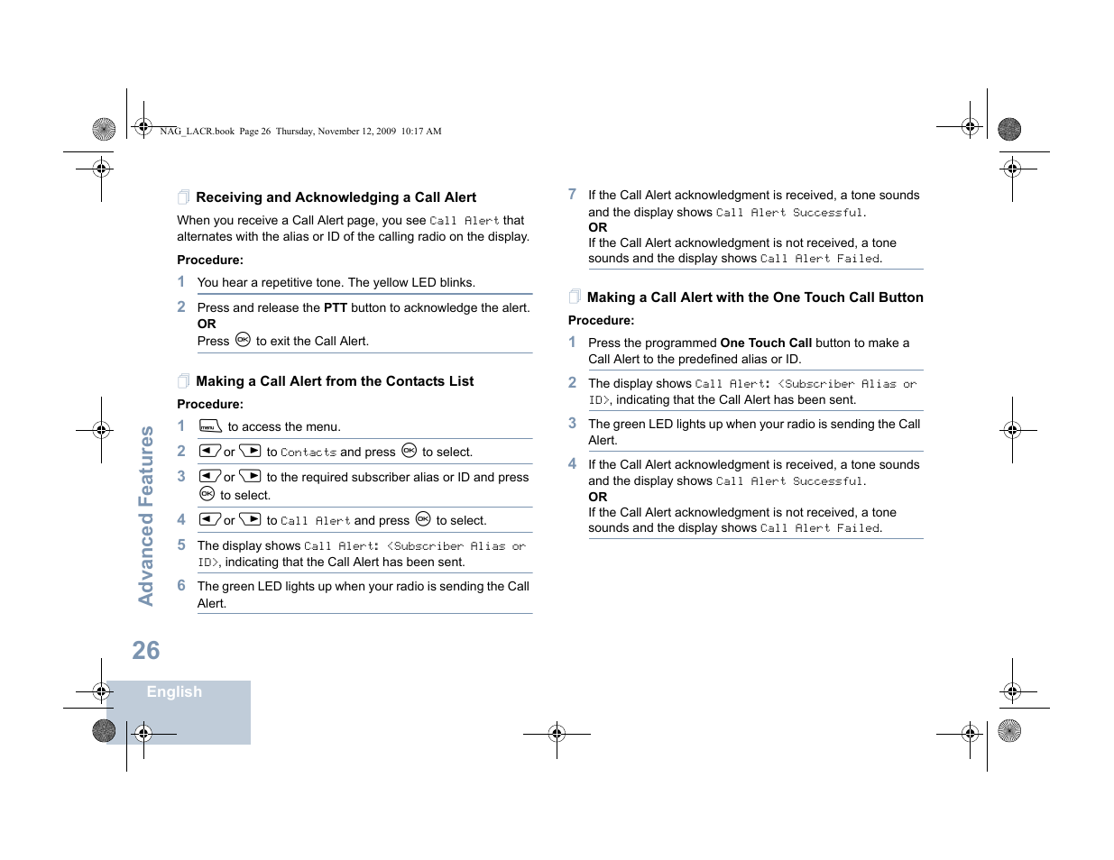 Receiving and acknowledging a call alert, Making a call alert from the contacts list, Making a call alert with the one touch call button | Advanced features | Motorola MOTOTRBO XPR 4580 User Manual | Page 36 / 60
