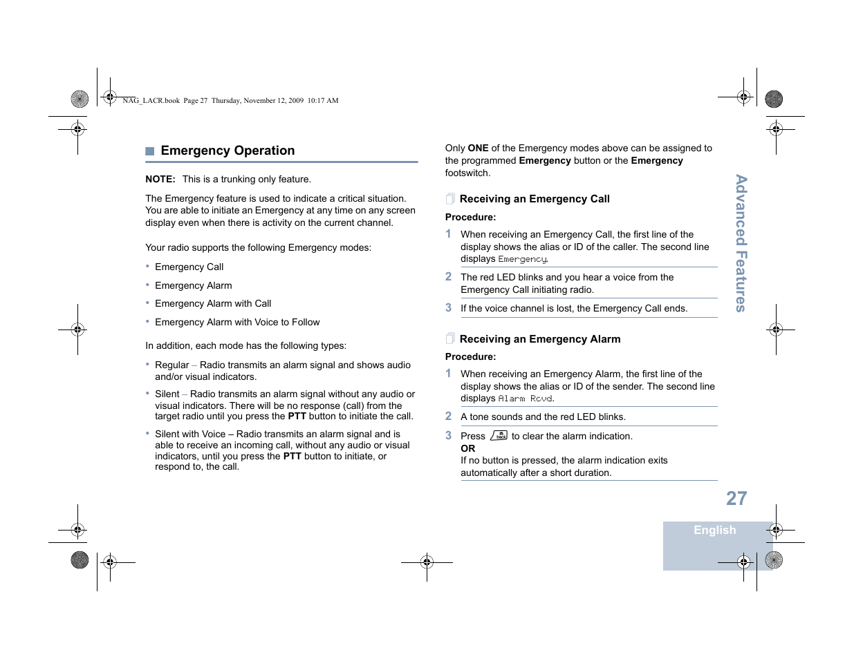 Emergency operation, Receiving an emergency call, Receiving an emergency alarm | Advanced features | Motorola MOTOTRBO XPR 4580 User Manual | Page 37 / 60