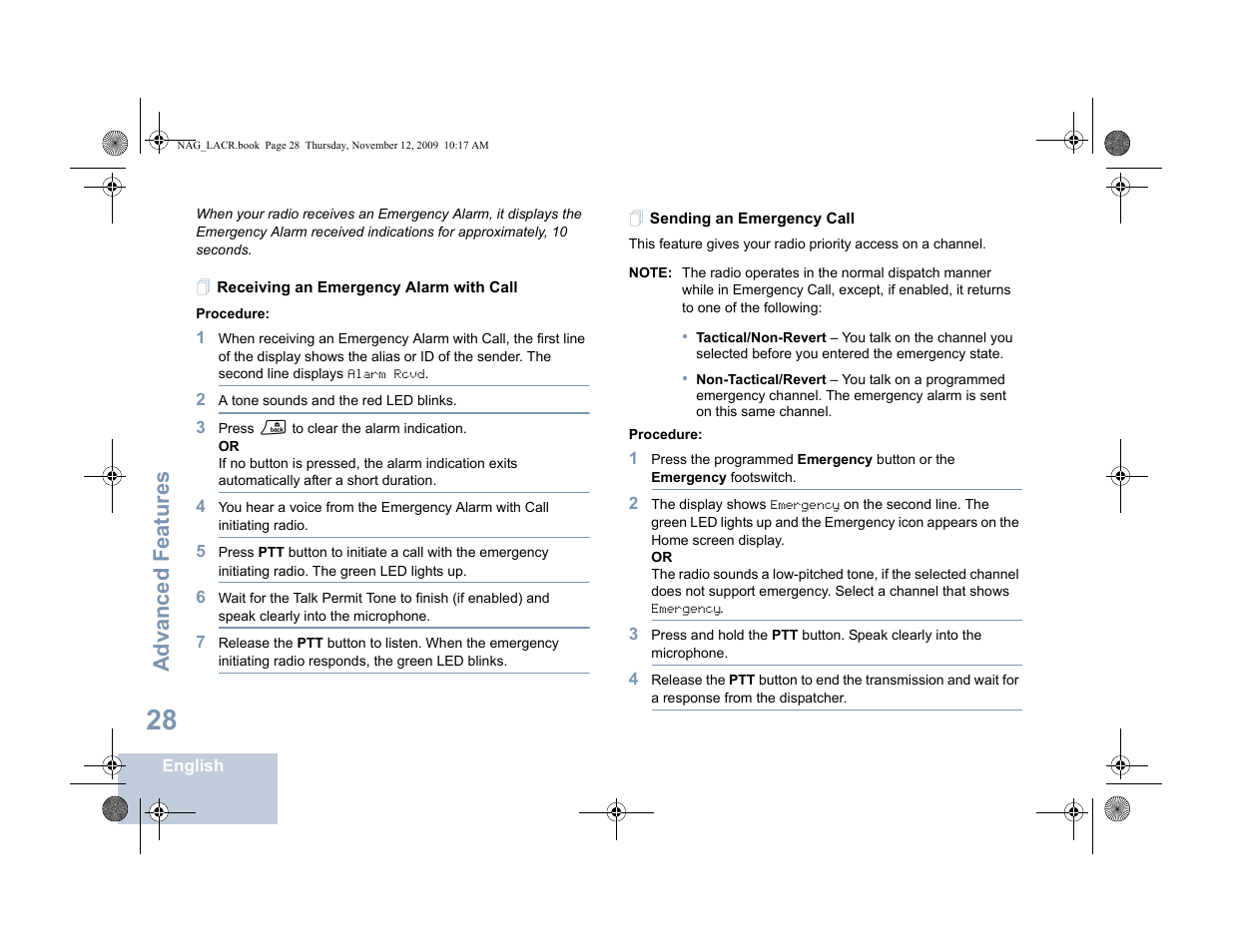 Receiving an emergency alarm with call, Sending an emergency call, Advanced features | Motorola MOTOTRBO XPR 4580 User Manual | Page 38 / 60