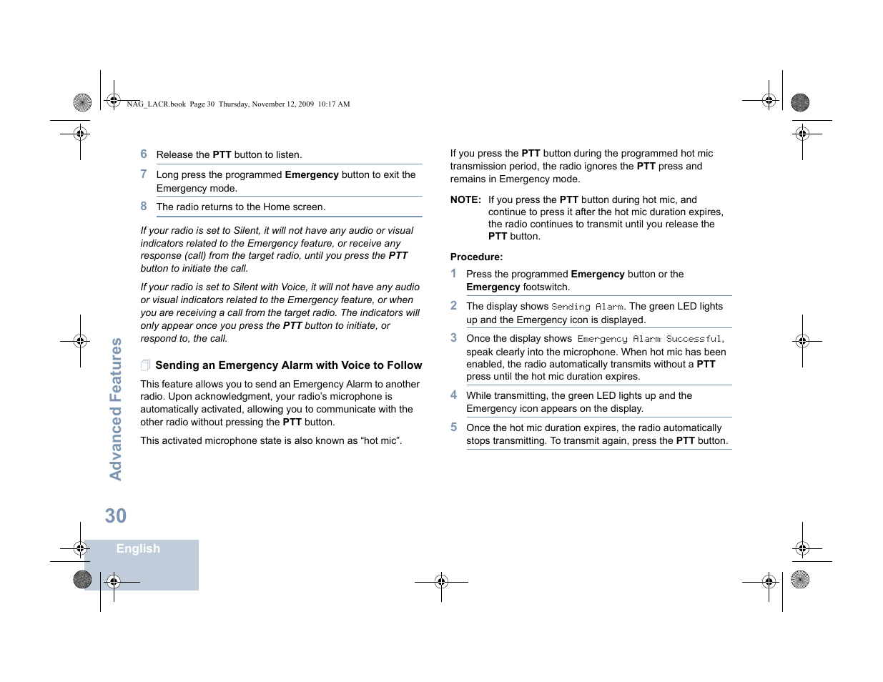 Sending an emergency alarm with voice to follow, Advanced features | Motorola MOTOTRBO XPR 4580 User Manual | Page 40 / 60
