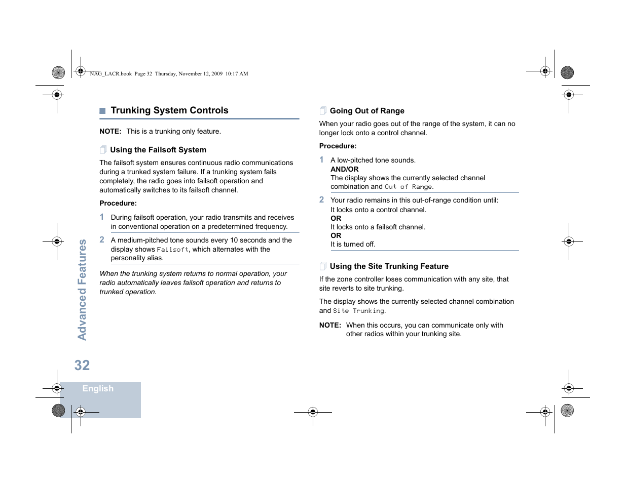 Trunking system controls, Using the failsoft system, Going out of range | Using the site trunking feature, Advanced features | Motorola MOTOTRBO XPR 4580 User Manual | Page 42 / 60
