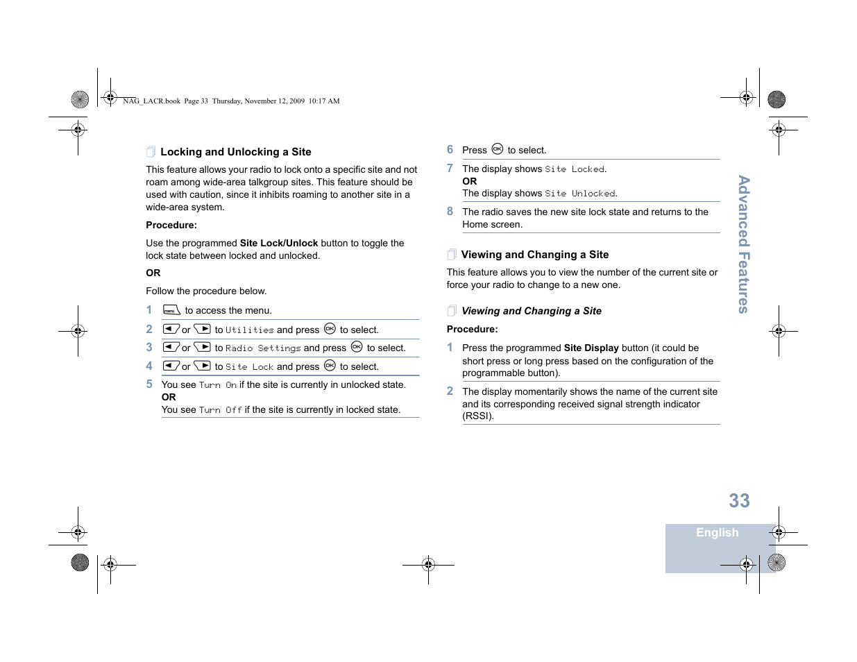 Locking and unlocking a site, Viewing and changing a site, Advanced features | Motorola MOTOTRBO XPR 4580 User Manual | Page 43 / 60