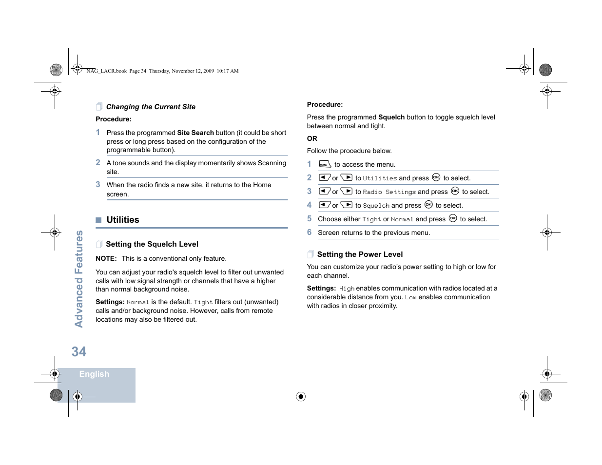 Changing the current site, Utilities, Setting the squelch level | Setting the power level, Setting the squelch level setting the power level, Advanced features | Motorola MOTOTRBO XPR 4580 User Manual | Page 44 / 60