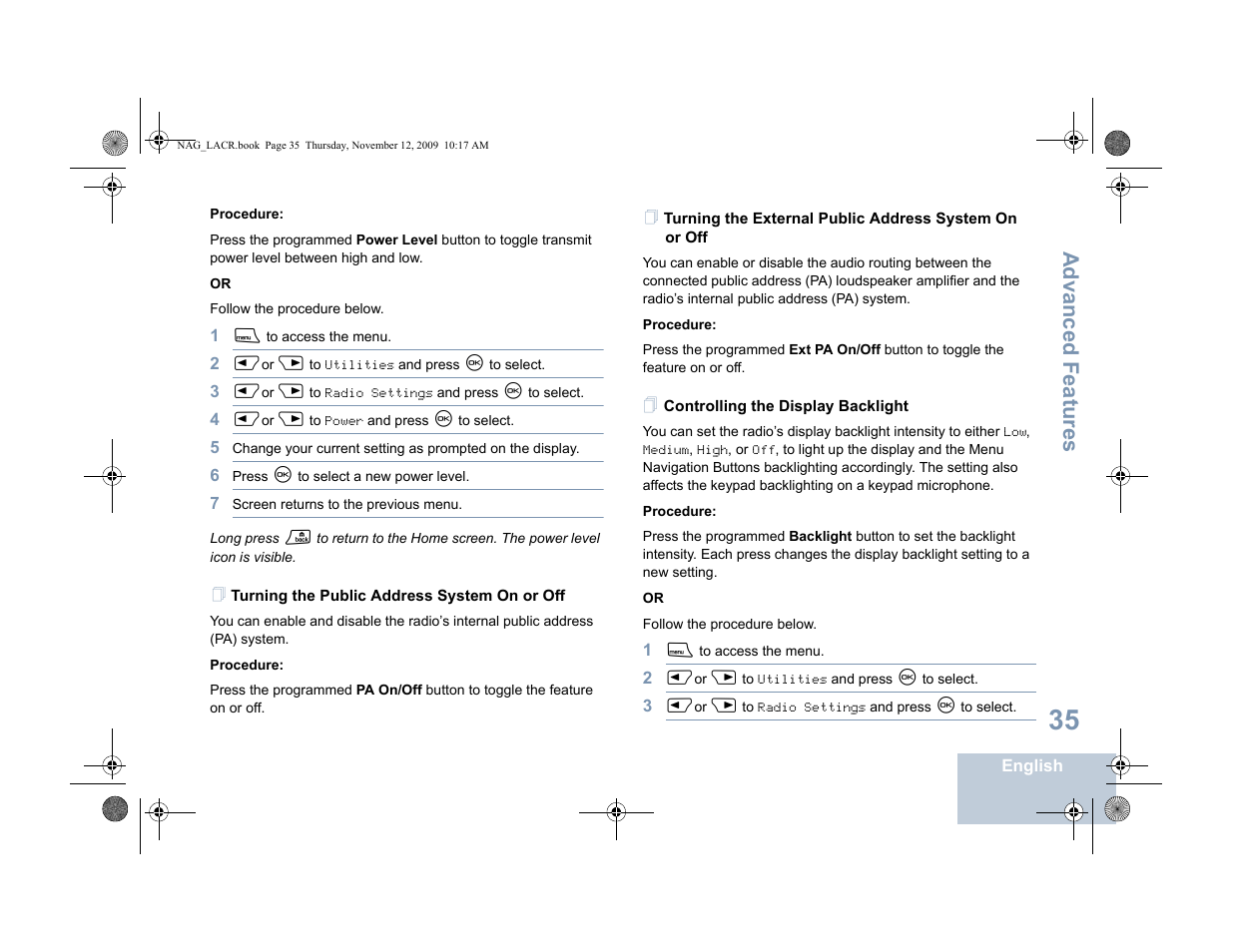 Turning the public address system on or off, Controlling the display backlight, Advanced features | Motorola MOTOTRBO XPR 4580 User Manual | Page 45 / 60