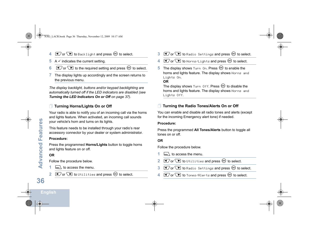 Turning horns/lights on or off, Turning the radio tones/alerts on or off, Turning the radio tones/ alerts on or off o | Advanced features | Motorola MOTOTRBO XPR 4580 User Manual | Page 46 / 60