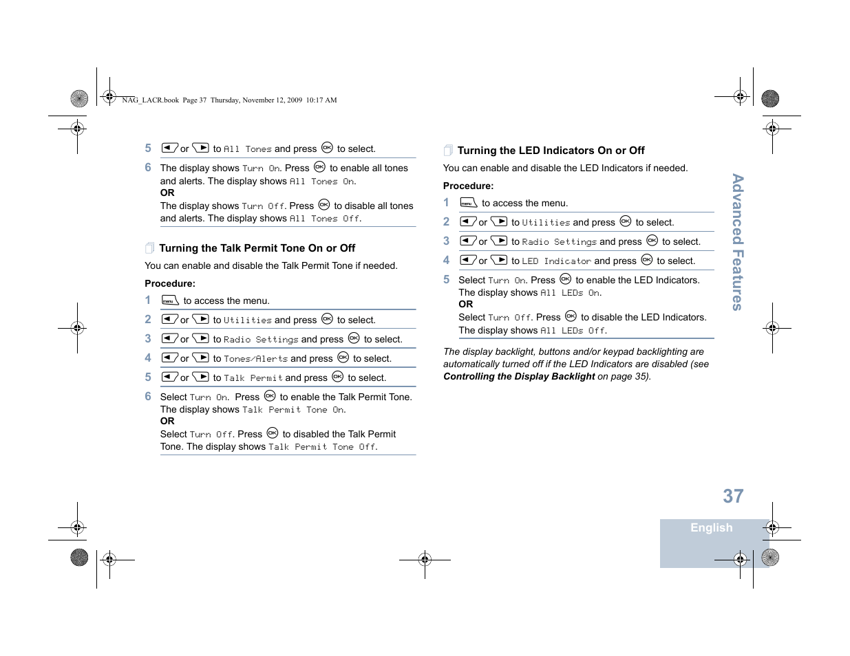 Turning the talk permit tone on or off, Turning the led indicators on or off, Turning the led indicators on or off on | Advanced features | Motorola MOTOTRBO XPR 4580 User Manual | Page 47 / 60