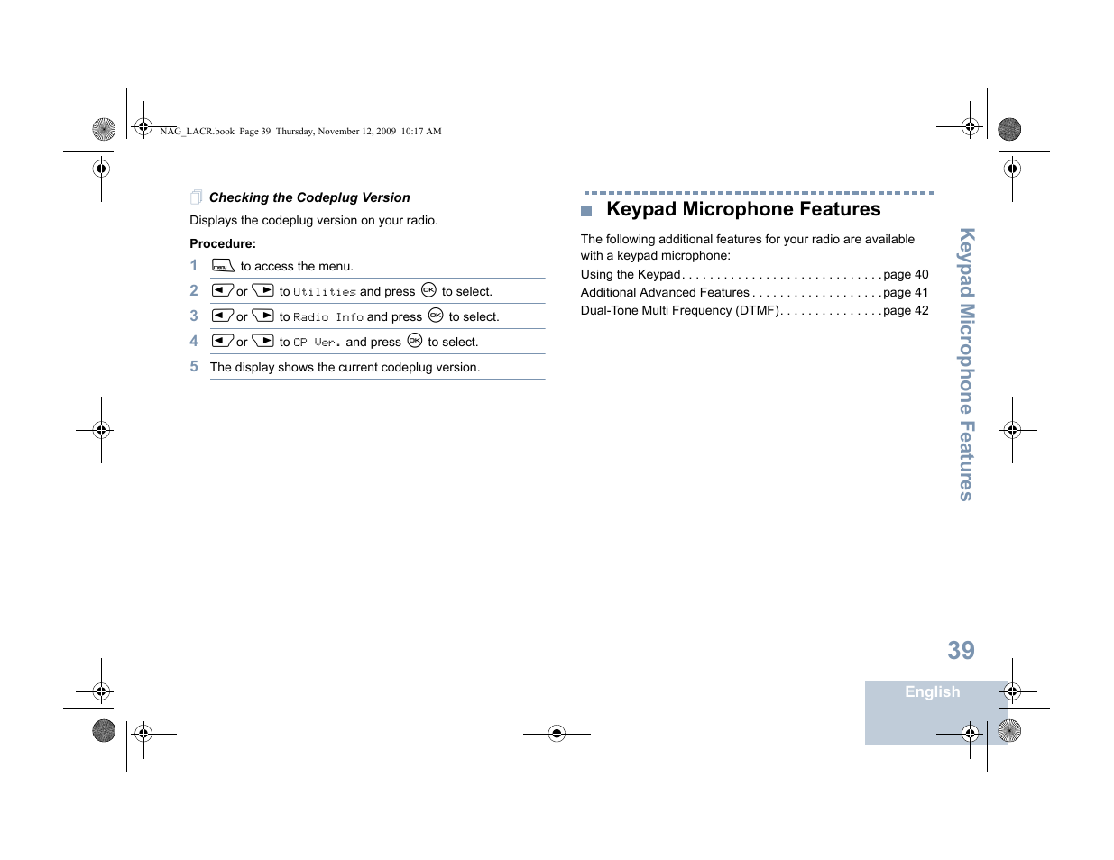 Checking the codeplug version, Keypad microphone features, Keyp ad mic rophone fe atures | Motorola MOTOTRBO XPR 4580 User Manual | Page 49 / 60