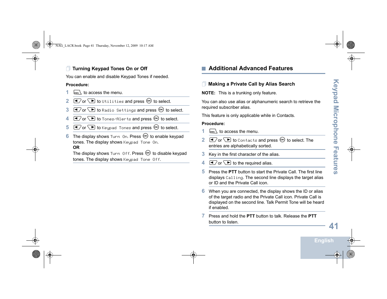 Turning keypad tones on or off, Additional advanced features, Making a private call by alias search | Keyp ad mic rophone fe atures | Motorola MOTOTRBO XPR 4580 User Manual | Page 51 / 60