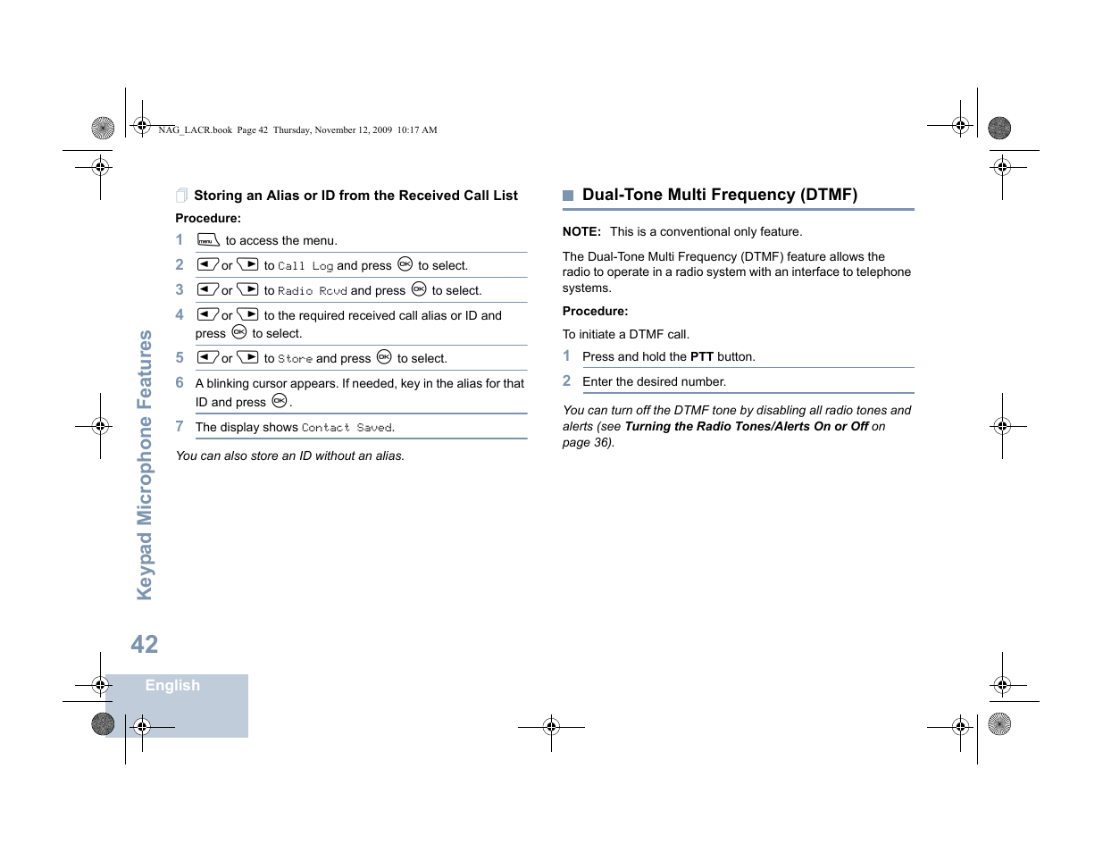 Storing an alias or id from the received call list, Dual-tone multi frequency (dtmf), Keyp ad mic rophone fe ature s | Motorola MOTOTRBO XPR 4580 User Manual | Page 52 / 60