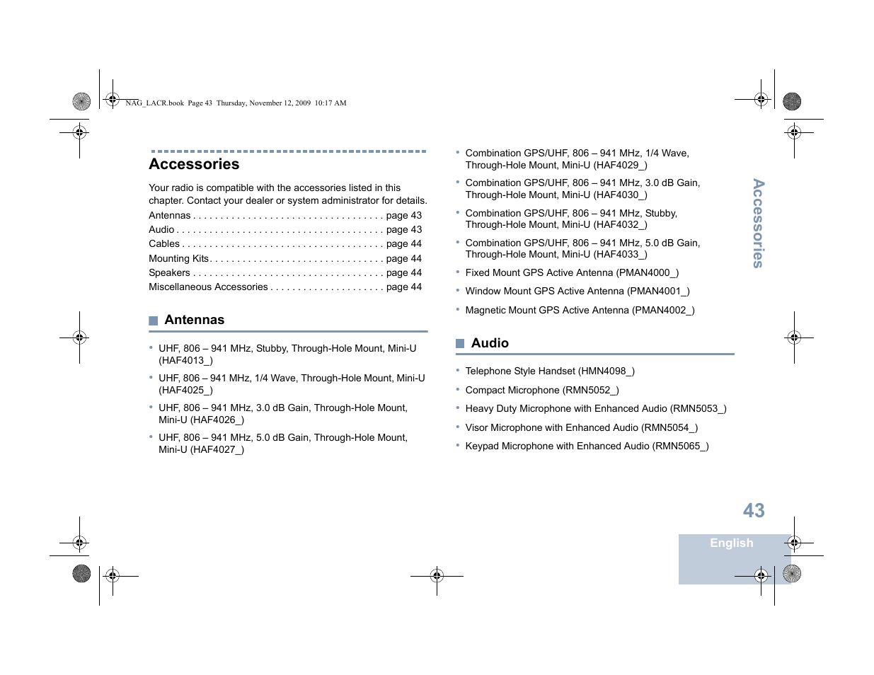 Accessories, Antennas, Audio | Antennas audio | Motorola MOTOTRBO XPR 4580 User Manual | Page 53 / 60