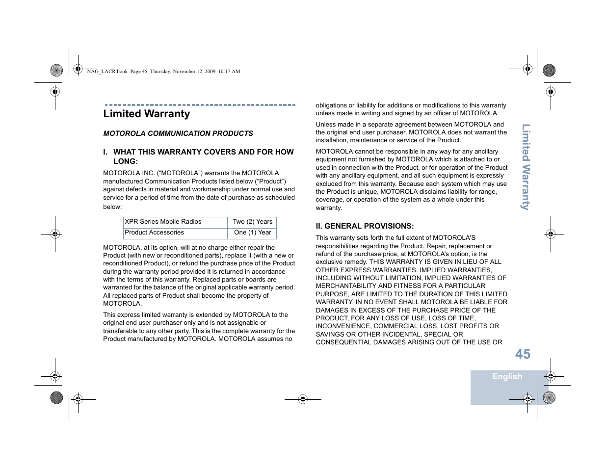 Limited warranty, Motorola communication products, I. what this warranty covers and for how long | Ii. general provisions, Li mit ed w arra nty | Motorola MOTOTRBO XPR 4580 User Manual | Page 55 / 60