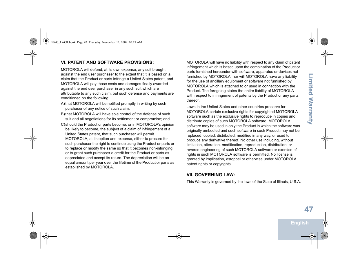 Vi. patent and software provisions, Vii. governing law, Li mit ed w arra nty | Motorola MOTOTRBO XPR 4580 User Manual | Page 57 / 60