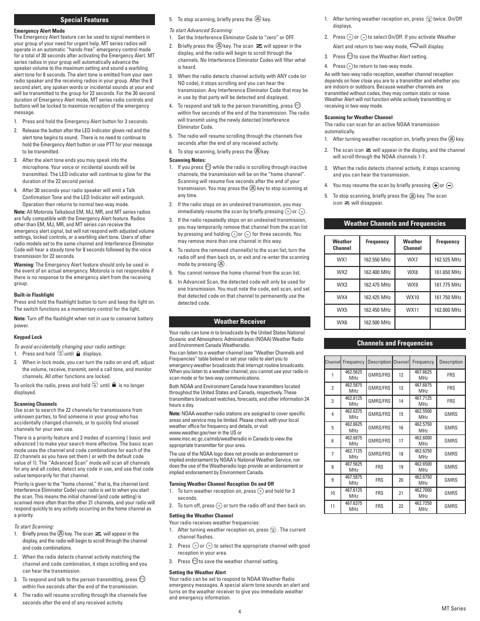 Special features, Weather receiver, Weather channels and frequencies | Channels and frequencies | Motorola Kem-ml34301 User Manual | Page 4 / 5