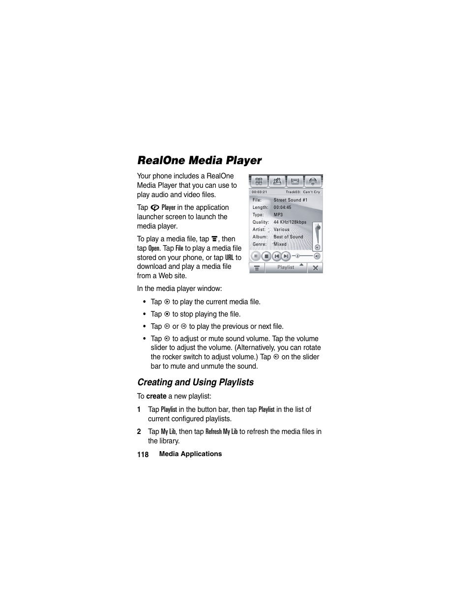 Realone media player, Creating and using playlists | Motorola A780 User Manual | Page 118 / 182