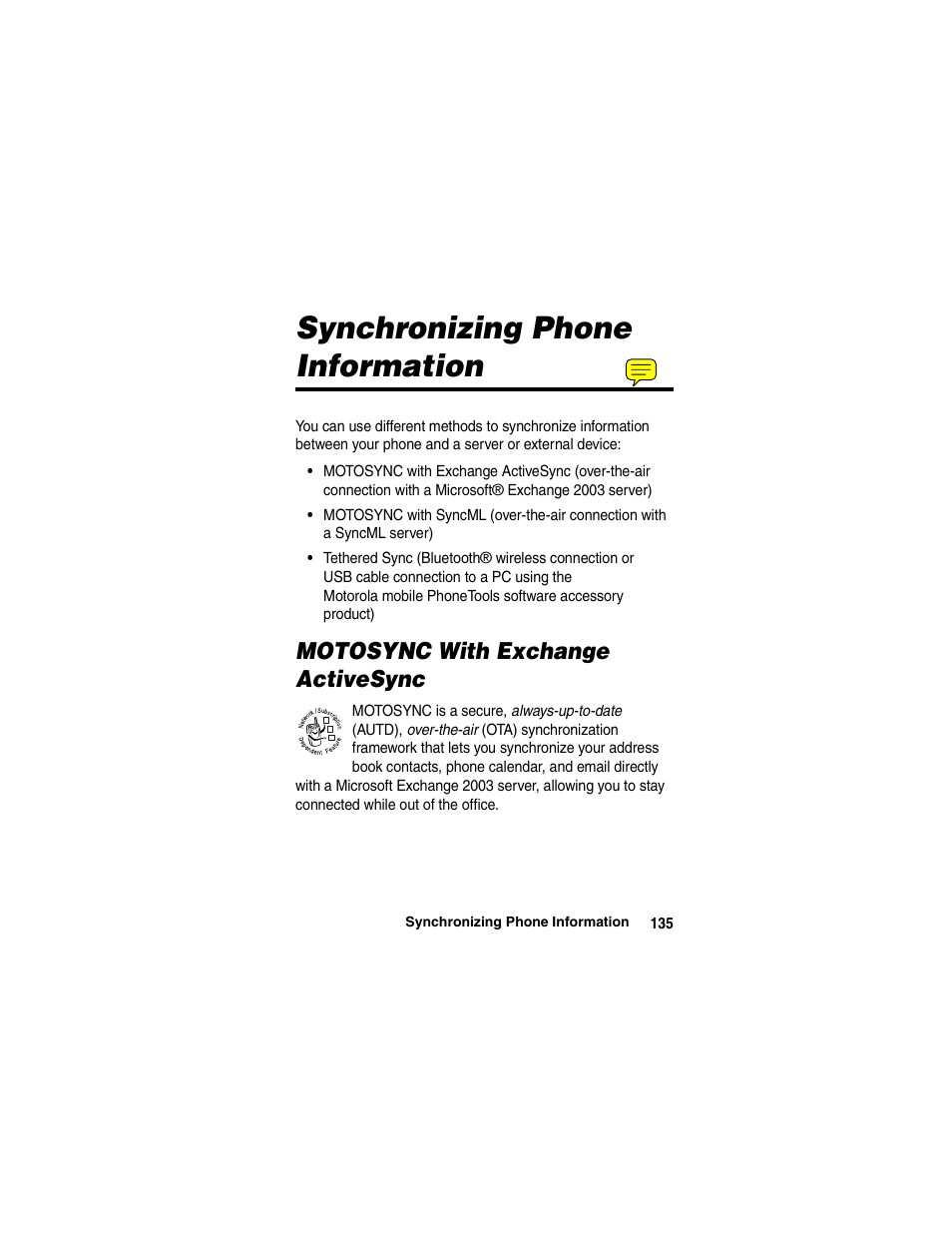 Synchronizing phone information | Motorola A780 User Manual | Page 135 / 182