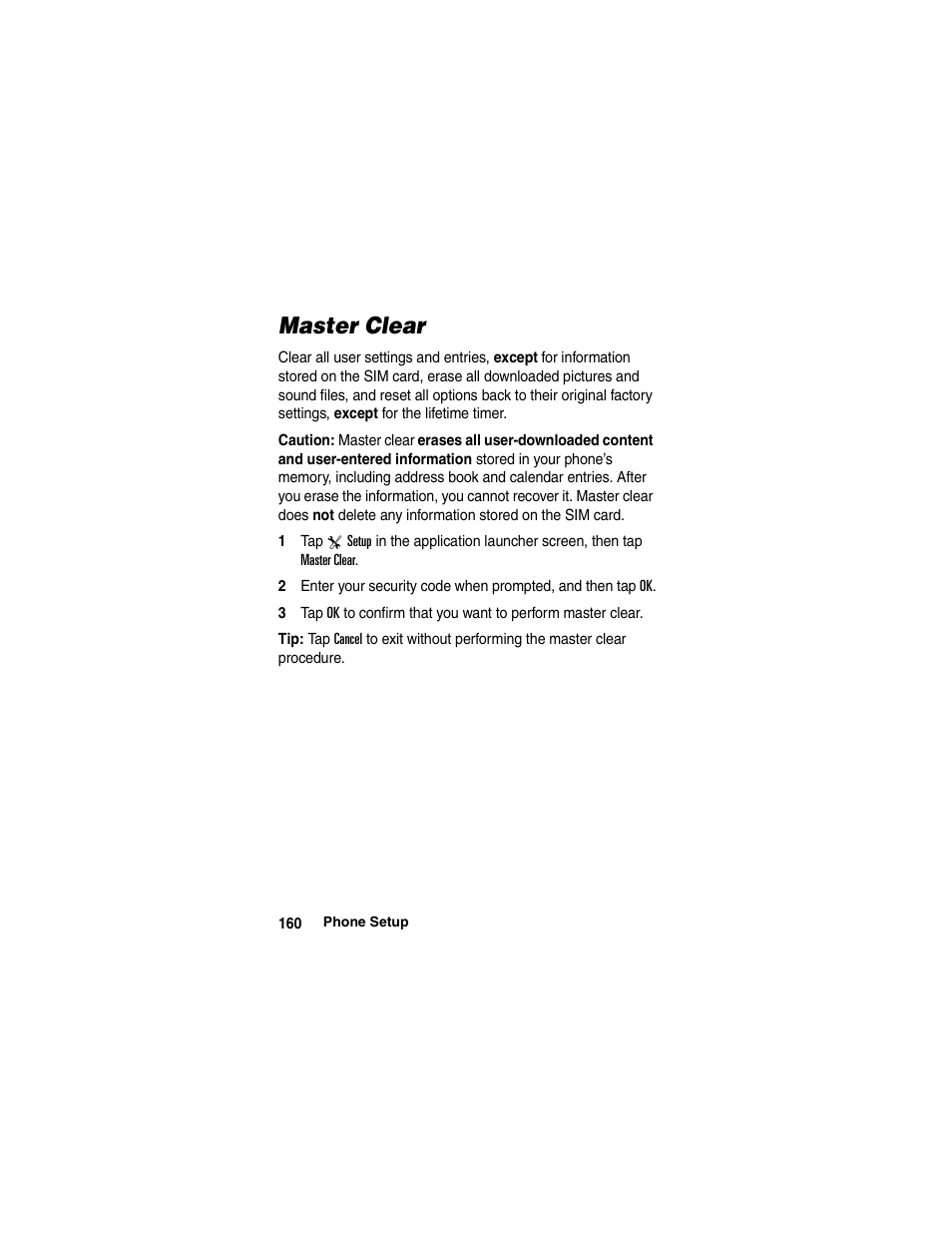 Master clear | Motorola A780 User Manual | Page 160 / 182