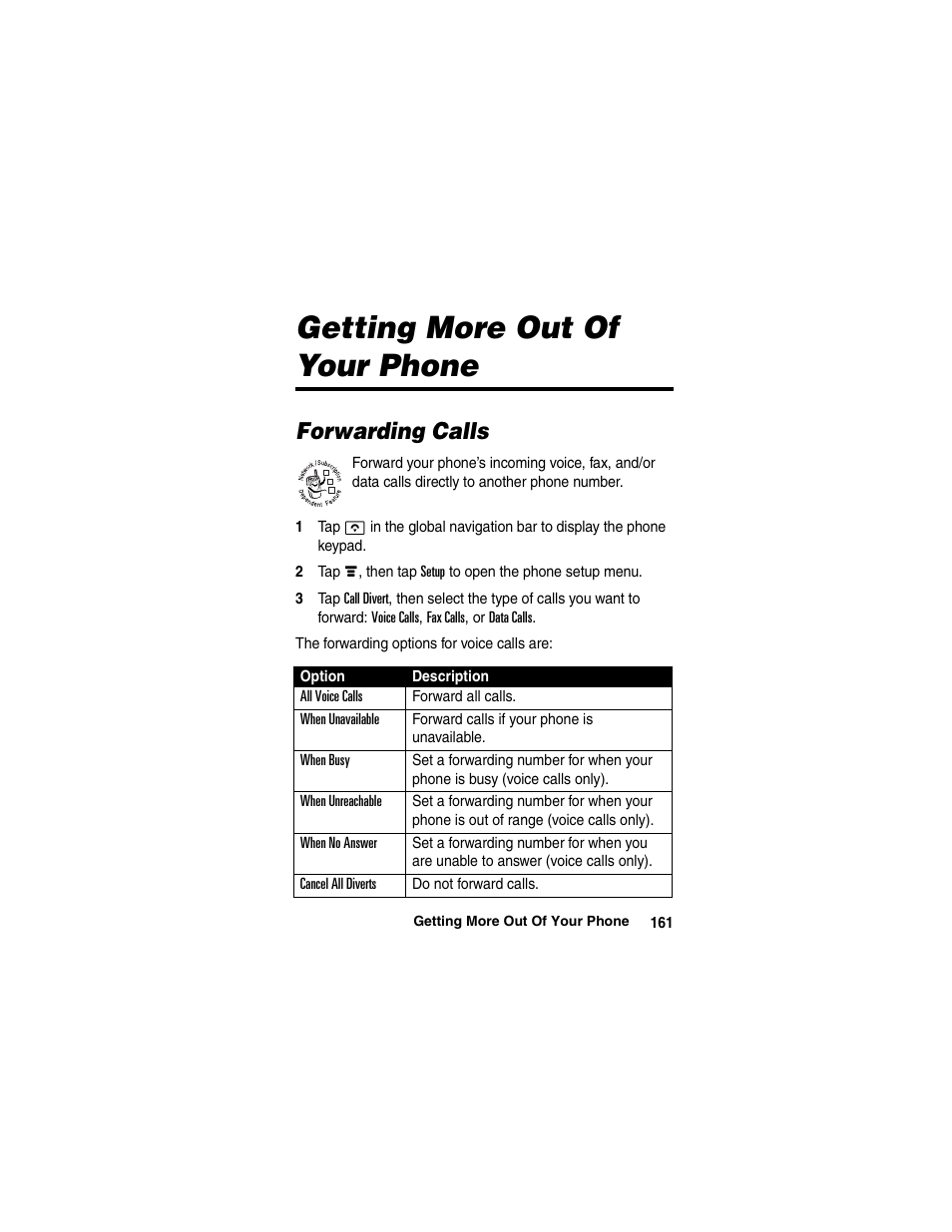 Getting more out of your phone, Forwarding calls | Motorola A780 User Manual | Page 161 / 182