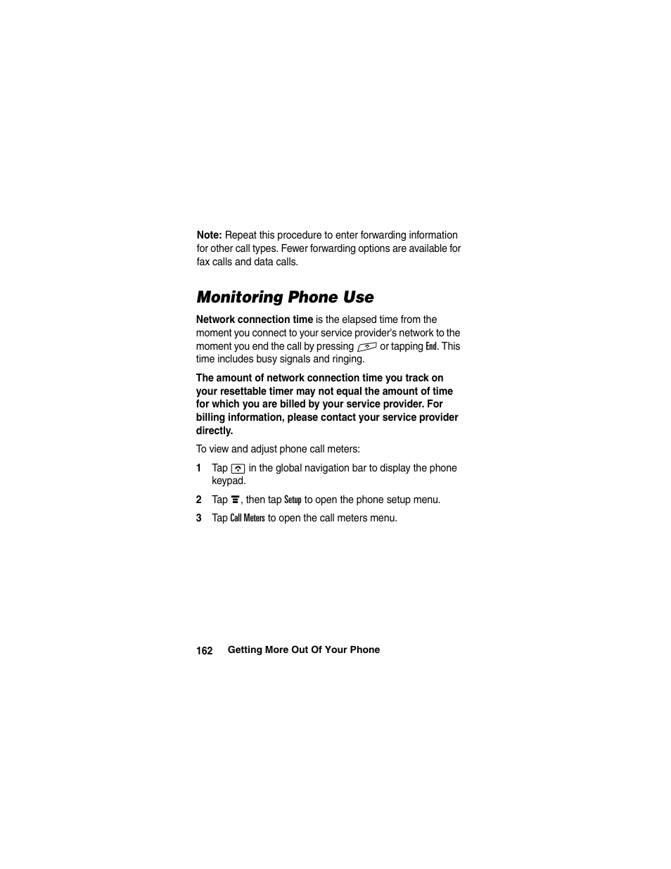 Monitoring phone use | Motorola A780 User Manual | Page 162 / 182