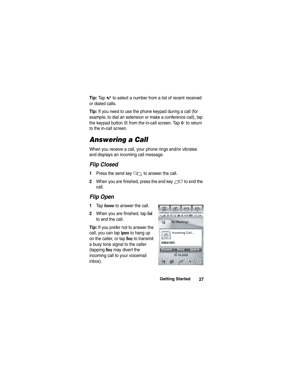 Answering a call | Motorola A780 User Manual | Page 27 / 182