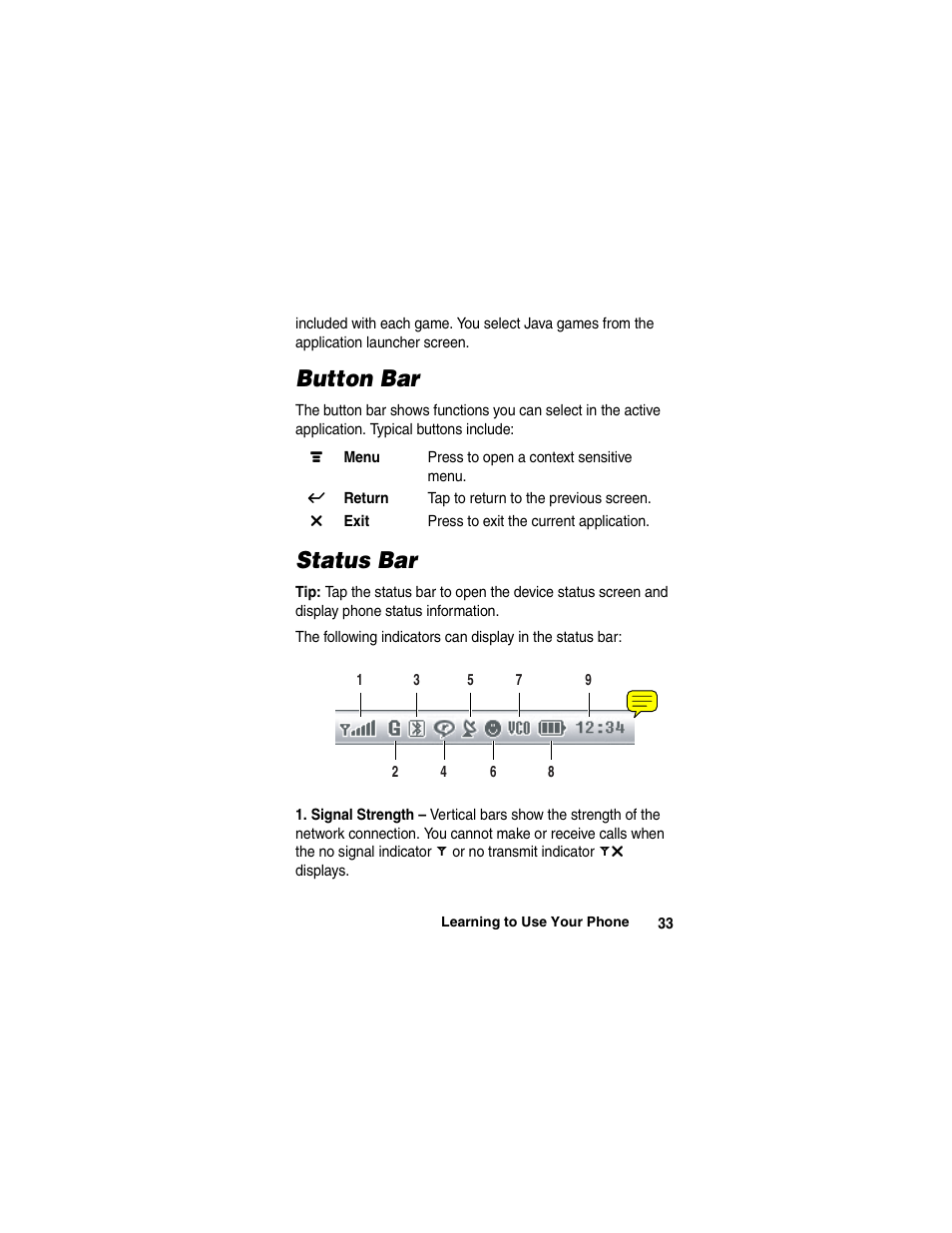 Button bar, Status bar | Motorola A780 User Manual | Page 33 / 182