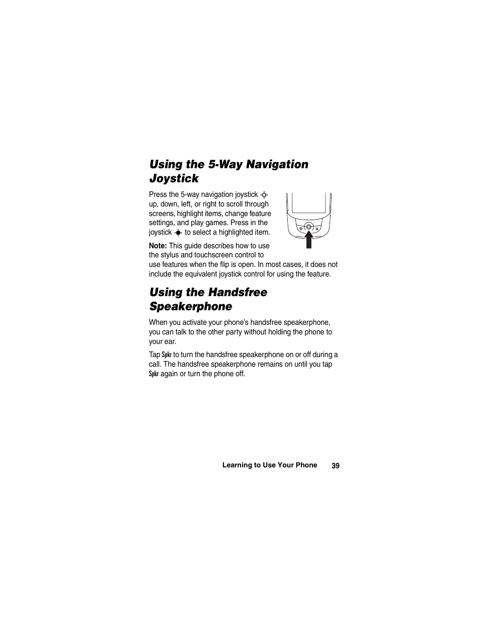 Using the 5-way navigation joystick, Using the handsfree speakerphone | Motorola A780 User Manual | Page 39 / 182