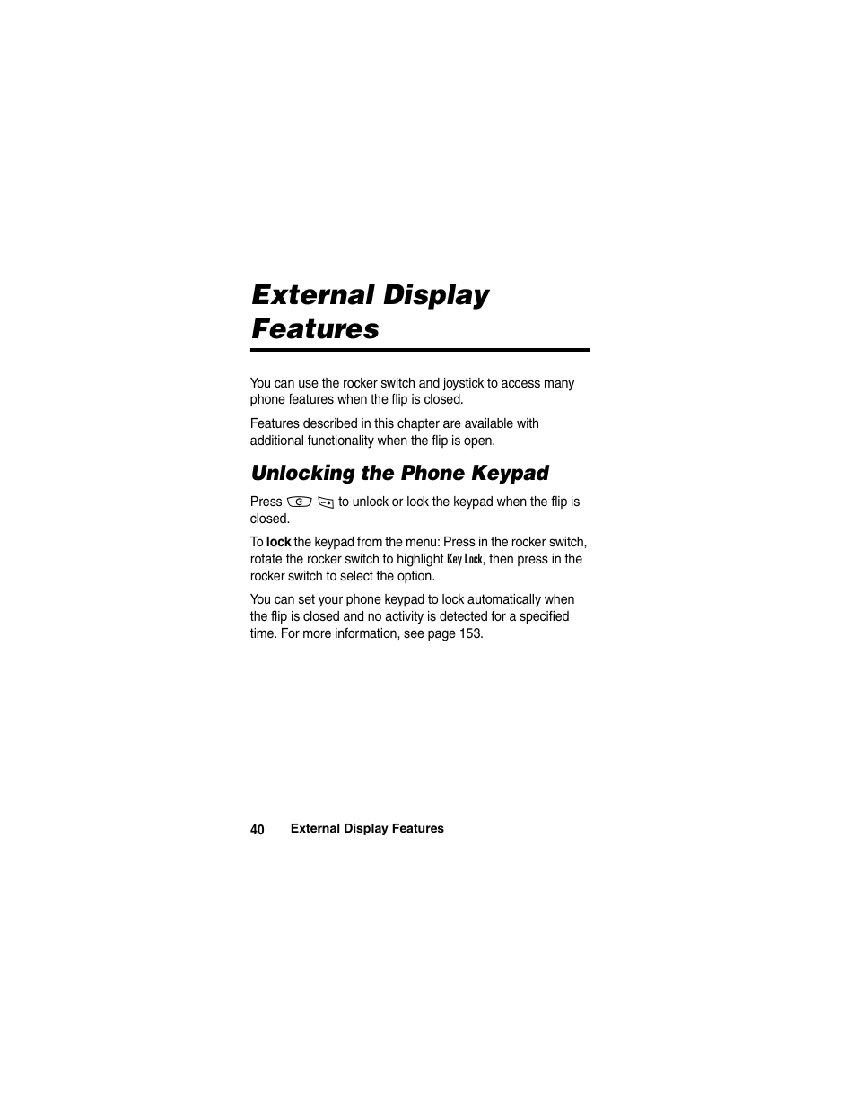 External display features | Motorola A780 User Manual | Page 40 / 182