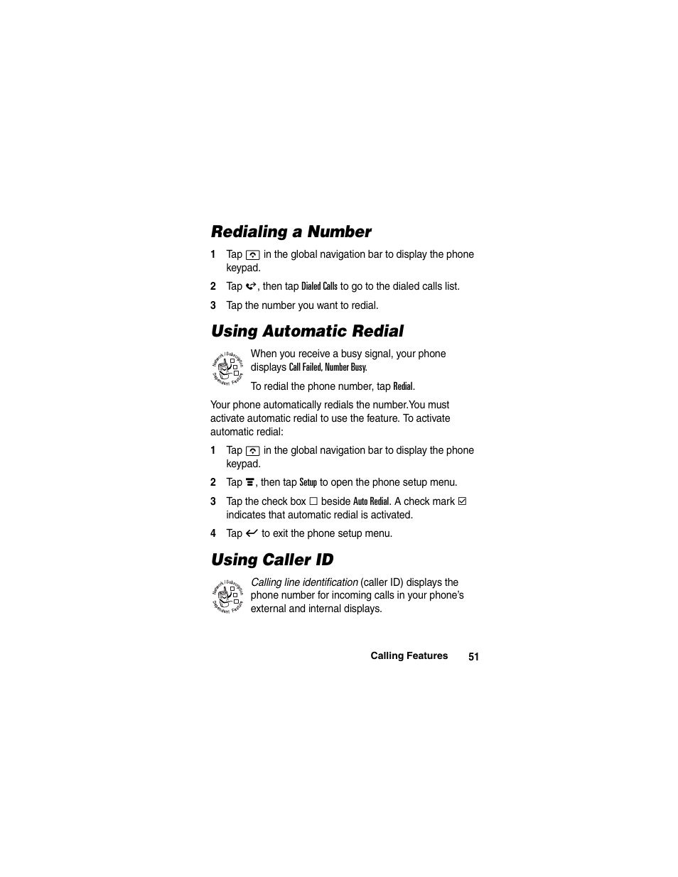 Redialing a number, Using automatic redial, Using caller id | Motorola A780 User Manual | Page 51 / 182