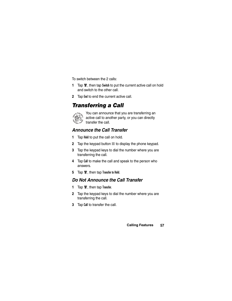 Transferring a call | Motorola A780 User Manual | Page 57 / 182