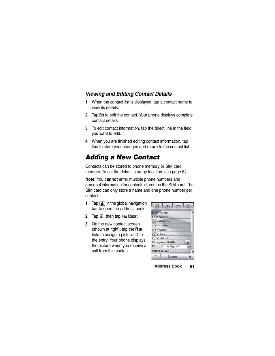 Adding a new contact | Motorola A780 User Manual | Page 61 / 182