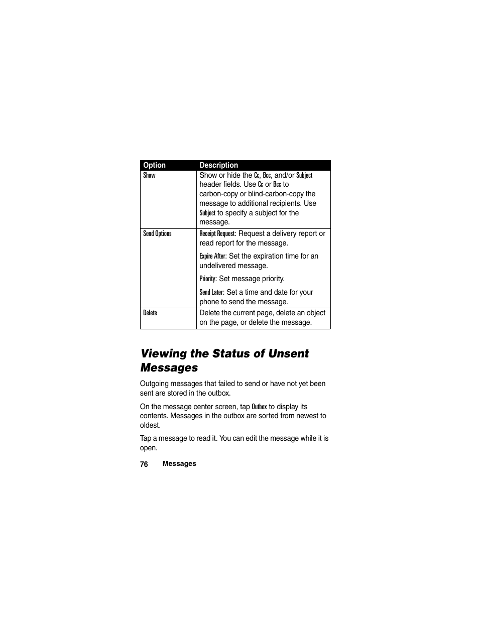 Viewing the status of unsent messages | Motorola A780 User Manual | Page 76 / 182